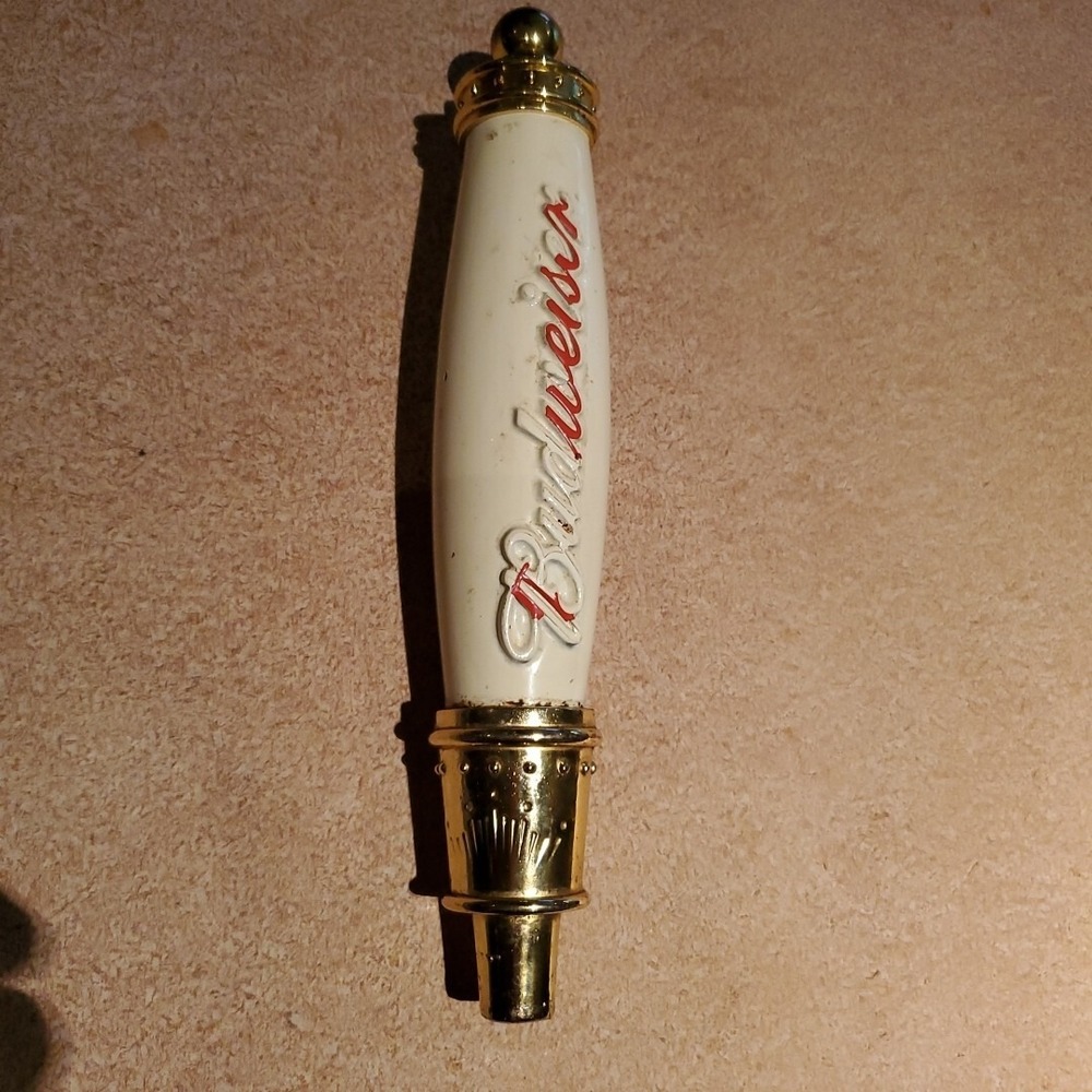 Budweiser Beer Tap Handle Vintage Ceramic Red Script Gold Trim Cream